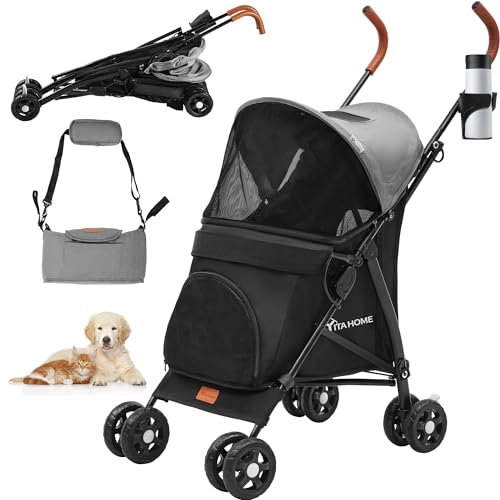YITAHOME Tragbarer Hundebuggy, Hundewagen bis 11.3 kg, Faltbar klappbar, Haustiere Buggy mit Netzfenstern, Jogger Katzenbuggy für kleine Hunde Katzen, Haustier-Kinderwagen (Grau Schwarz)