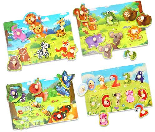 Wooden Puzzles for Toddlers, 4 Pack Animal Theme Jumbo Knob Wooden Matching Jigsaw with Handles, Montessori Preschool Educational Peg Puzzle Set Toys for Boy Girl Ages 1+