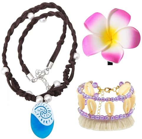 3 piezas princesa Vaiana collar accesorios Boho Shell Anklet flor pasador de pelo océano perla colgante collar cumpleaños Halloween carnaval cosplay collar de fiesta para mujeres y niñas, no, Plástico