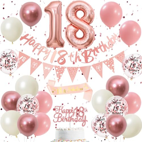 18th Birthday Decorations Retro Pink Rose Gold - Double Digits 18 Party Supplies Set for Women & Girls, birthday Banner, Pennant Flags, Cake Topper, Balloon Assortment (18th Pink Birthday Set)