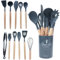Set de Utensilios de Cocina de Silicona – Juego de 14 Piezas con Mango de Madera y Soporte – Resistente al Calor, Antiadherente, Ideal para Cocinar y Servir (Negro)