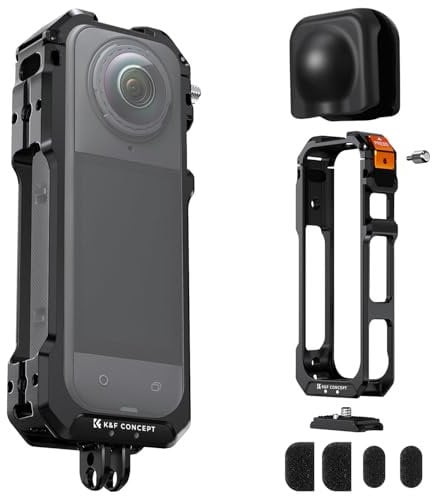K&F Concept Camera Cage for Insta360 X5, Durable Aluminum Alloy Protective Case with Quick Release Knob, Built-in Cold Shoe Mounts and 1/4 Threads, Silicone Lens Cover Action Camera Frame