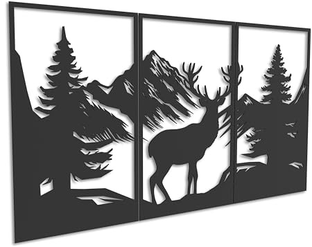 Kajaro Hirsch Berge Wandbild Holz 3-teilig, 1500x800 mm, selbstklebend | Gratis: zweites kleineres Bild. Selbstklebende Holz-Wanddeko in Metalloptik, einfache Montage ohne Bohren.
