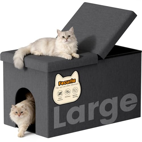 Fecuria 3-in-1 Cat Litter Box Enclosure with Odor Control, Multi-Functional Hidden Litter Box Furniture Bench, Dog Proof, Space-Saving Ottoman Cabinet with Flip-Up Lid, Storage Footrest, Dark Grey