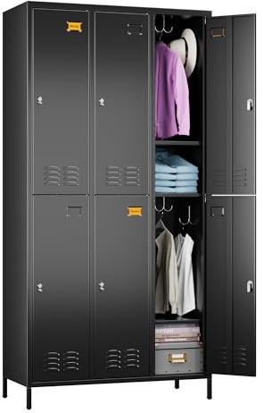LOCENHU Metallspind für Mitarbeiter,Schrank Spind Spint Schließfachschrank Metallschrank mit 6 Fächern/18 Haken/Etikettenhalter/Lüftungsschlitze/Metall Pulverbeschichtet 183X90X40CM, Schwarz