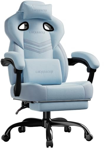 LUCKRACER Gaming Stuhl Stoff, Bürostuhl mit verbundenen Armlehnen, Memory-Schaum-Kissen, 90–155° Neigungswinkel und Fußstütze, strapazierfähigem Funktionsgewebe, blau