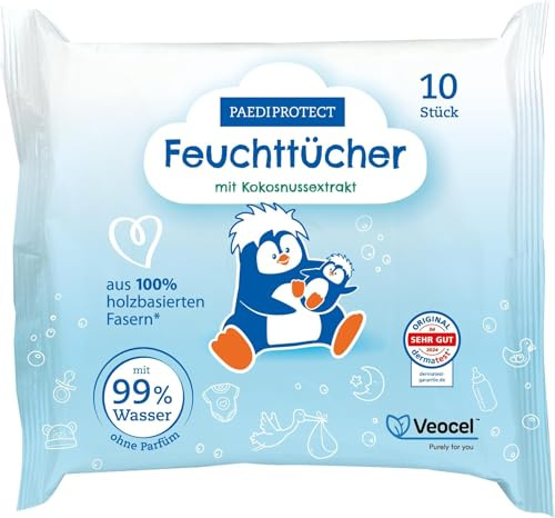 PAEDIPROTECT Feuchttücher 1 x 10 Stück, sensitive Baby Water Wipes mit 99% Wasser ohne Duftstoffe, für zarte Baby- und Kinderhaut, mit Kokosnussextrakt, ohne Mikroplastik, vegan (Packung mit 5)