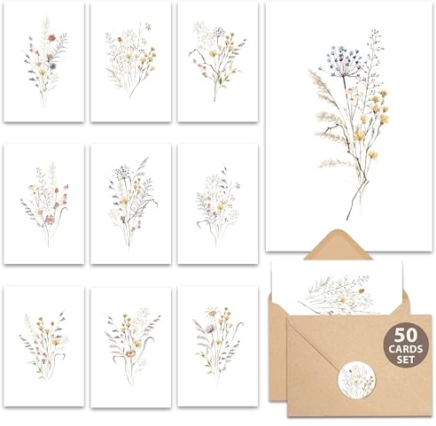 AUDREE 50 Set Blank Cards and Envelopes 3.5x5 - Watercolor Wildflowers Blank Greeting Cards with Adhesive Envelopes and Matching Sticker - Blank Note Cards for All Occasions