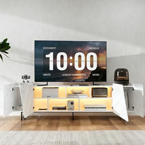 Julyue Meuble TV moderne, 220 cm, blanc, avec éclairage LED et portes inclinées, 2 portes et compartiment ouvert, base multimédia stable avec pieds en métal