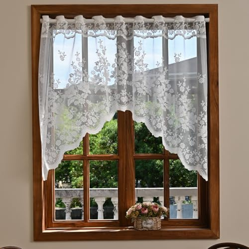 Daliena Bogen Gardine Jacquard Scheibengardine Küchengardinen Spitze Kurze Fertiggardinen Gardine Store mit Lochleiste Kleinfenster Gardinen Landhaus Weiß mit Muster-2 (BxH 160x100cm) 1 stück