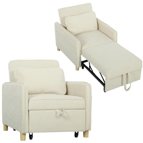 HOMCOM Schlafsessel 180x60cm 3 in 1 mit Bettfunktion Schlafsofa Beige | Umwandelbarer Sessel, Breite Sitzfläche, Verstellbare Rückenlehne, Lendenkissen, Seitentaschen, Mais-Samtoptik, Wohnzimmer