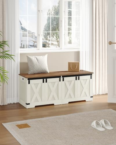Hzuaneri Schuhbank mit Stauraum, 120 x 40 x 48 cm, Weiß Braun | Sitzbank, Aufbewahrungsschrank, 2 Stabile Scharniere, Scheunenstil, Für Eingangsbereich, Schlafzimmer, SB12014X