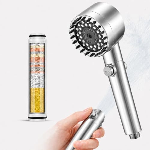 PWERAN Duschkopf mit Kalkfilter, Hochdruck Stoppfunktion, Wasser Enthärten | 3+1 Strahlarten, Doppelfiltration, Wassersparend, Brausekopf für Dusche, Chlorentfernung, Schwermetalle [Energieklasse A+++]