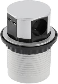 GTV Möbelsteckdose COMFORT, 3x AC-Steckdosen, 2x USB-A (optional), versenkbar für Arbeitsplatte, einfache Installation, elegante silberne Oberfläche, platzsparend