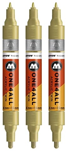 Molotow One4All Lot de 3 marqueurs acryliques Twin (épaisseur de trait 1,5 mm et 4 mm, fort pouvoir couvrant et permanent) Couleur 228 Doré métallisé