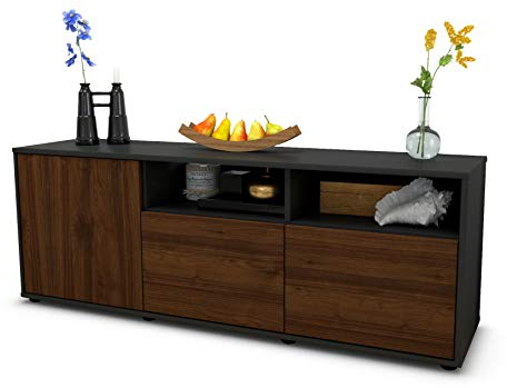 Stil.Zeit TV Schrank Lowboard Angelina, Korpus anthrazit matt, Front Holz Design Walnuss (135x49x35cm), Push to Open Technik