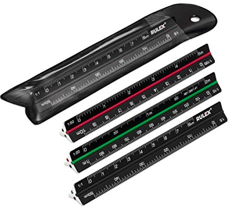 Rulex 100mm 10cm Micro Schwarz Metall Dreikantmaßstab Lineal mit farbigen Streifen und Skalen: Seite 1 - 1:1 & 1:5, Seite 2 - 1:20 & 1:10, Seite 3 - 1:50 & 1:100