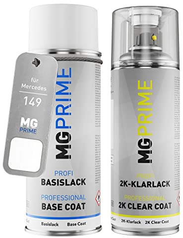 MG PRIME Pintura automotriz Spray para Mercedes 149/9149 Polarweiss +2K | Polar White, Kit capa de base + barniz 2K, Aerosoles 400ml