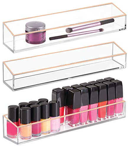 mDesign Organizador de maquillaje – Práctica caja organizadora para pintalabios, sombras de ojos, brochas y demás – Caja de plástico para cajones y tocador – Juego de 3 – transparente/dorado rojizo