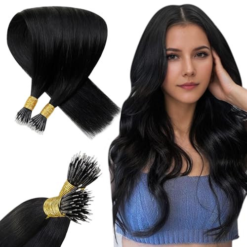 Hetto Nano Ring Echthaar Extensions Schwarz Nano Ring Echthaar Haarverlangerung Remy Echthaar Nanoring Extensions Cold Fusion Individuell Glatt 35 cm #1 50g