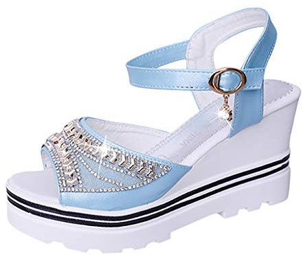 Sandalen Frauen Mode Sommer Pumps Plattform Keile Kristall Peep Toe Sandale (39,Blau)