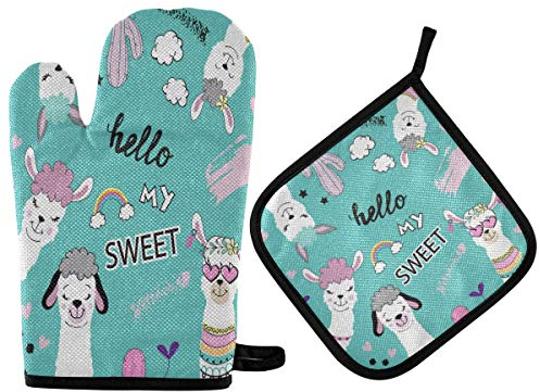 HMZXZ RXYY Tier Alpaka Kaktus Ofenhandschuhe Gesteppt Baumwolle Beschichtung Topflappen BBQ Handschuhe-Ofenhandschuhe Hitzebeständig Küche Sicher Matten für Backen Kochen
