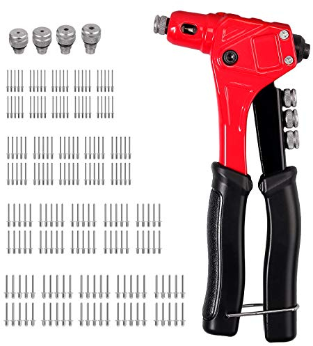 AMTOVL 8” Remachadora Manual con 200PCs Remaches y 4PCs Cabezales Intercambiables de Tamaños 2,4/3,2/4,0/4,8mm Juego de 4 en 1 Pistola Remachadora con Mango Ergonímico Antideslizante