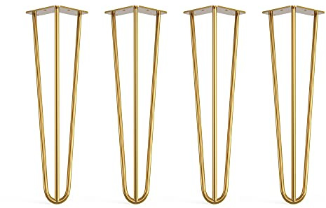 Lot de 4 pieds en épingle à cheveux avec pieds de protection de sol et vis - 45 cm (3 tiges) / 10 mm, laiton doré