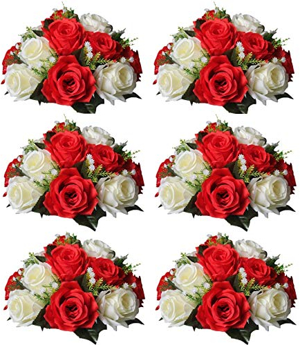 Sziqiqi Künstliche Blumen Seidenrosen für Hochzeit, Party, Geburtstag, Jahrestag, Blumenarrangement, Dekorationen, Rot & Weiß, 6 Stück