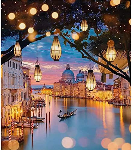 Kit de peinture diamant avec outils - Paysage de Méecaa et lumières - Bateau de Venise - Bricolage 5D - Point de croix - Mosaïque - Loisirs créatifs - 30 x 40 cm (paysage)