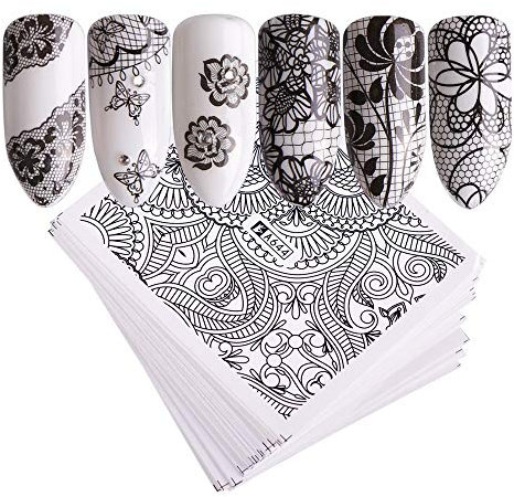 40 Sheets Nail Art Stickers Water Transfer Nail Decals Black Lace Flower Series Design Manicure Tips,Nail Tips DIY Toenails Nail Art Decorations Accessories