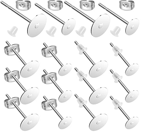 Yolev 450Pcs Earrings Posts Stainless Steel 4mm/6mm Steel Flat Pad Earring Studs, Butterfly and Clear Rubber Earring Backs for Jewelry Making DIY (Steel Color)