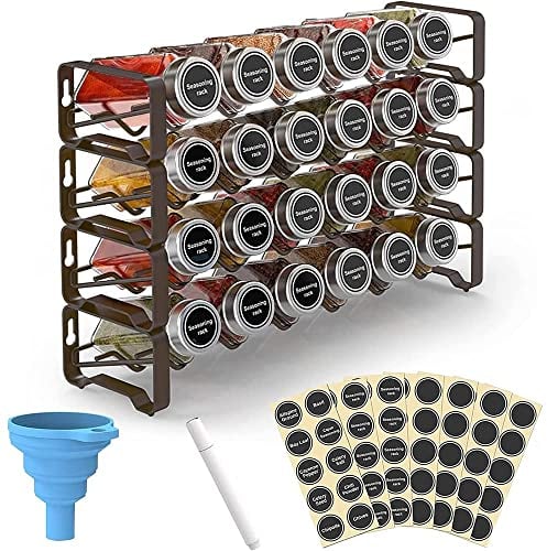 Spice Rack with Jars free standing 80 Spice Labels Chalk Marker and Funnel Set for Cabinet Countertop Pantry Cupboard or Door & Wall Mount(4 Tier) Bronze