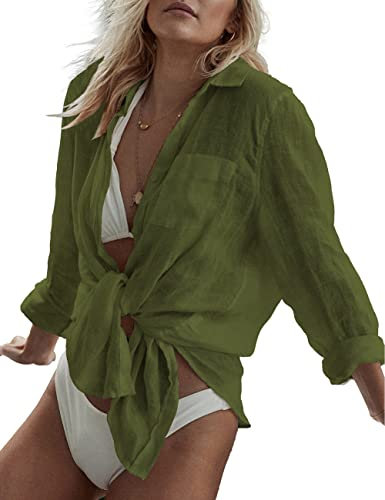 Bsubseach Swim Cover Up for Women Button Down Beach Shirt Blouses Bathing Suit Coverup Swimwear Dark Green