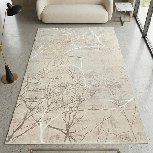 CARPETIA Teppich Abstrakte Zweige Creme mit Glanzeffekt 120x170 cm | Weich, pflegeleicht, schmutzabweisend und strapazierfähig, mit Glanzeffekt, OEKO-TEX geprüft, für Wohn- & Schlafzimmer