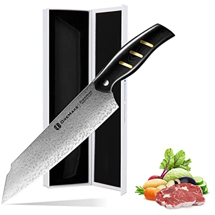 OREMAKE 8-INCH Kiritsuke Couteau de Cuisine Couteau Japonais Professionnel Polyvalent, Super Tranchant, Acier Damas Japonais T-CO Forgé à 69 Couches, à Haute Teneur en Carbone, Design Ergonomique