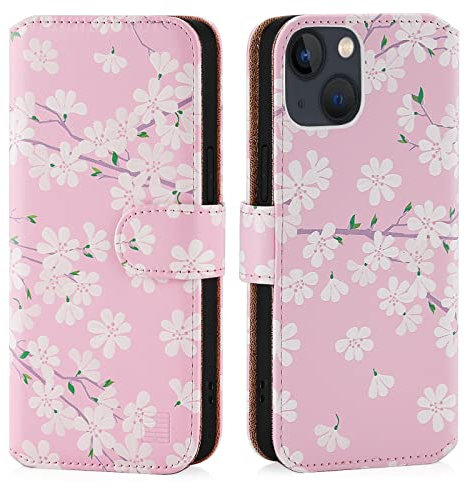 32nd Floral Series 3.0 - Design PU Leather Book Wallet Case Cover for Apple iPhone 14 (6.1), Designer Flower Pattern Wallet Style Flip Case With Card Slots - Cherry Blossom