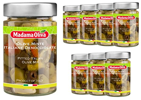 MADAMA OLIVA, Olive Miste Denocciolate Sott'Olio, Mix di Olive con Peperoni, Aglio e Spezie, Senza Conservanti Aggiunti, 100% Made in Italy, Box da 7 Vasi in Vetro da 290 gr