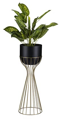HowHomely Moderne Blumenständer Metall 56 cm Hoch mit Schwarz Blumentopf Rund 18 cm Ø auf Robuste Gold Ständer - Pflanzenständer zur Dekoration Innenräumen