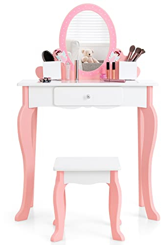 LIFEZEAL Kinderschminktisch, 2 in 1 Kinder Schminktisch mit Spiegel & Hocker, Mädchen Friseurtisch mit Schublade & 2 Aufbewahrungsboxen, Make up Tisch Max. Belastbarkeit 30 kg(MDF,Weiß)