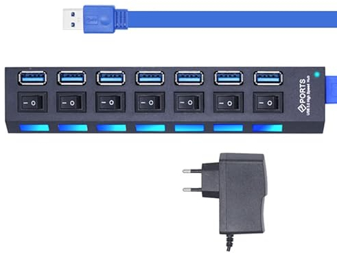 Ziyan USB 3.0 Hub 7 Port Splitter Ladegerät Adapter mit Aktiv Netzteil Verteiler für PC Laptop