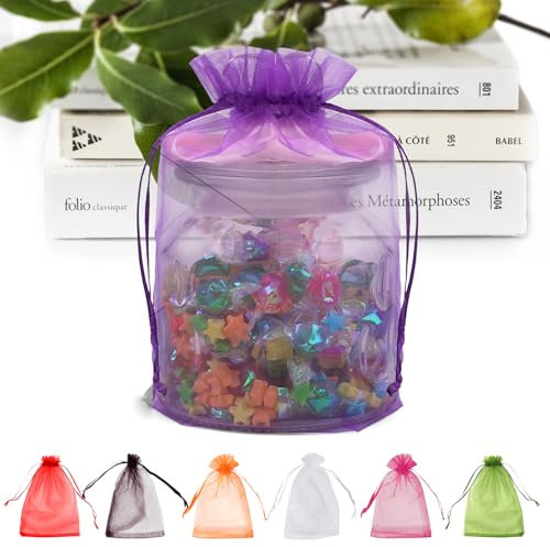 ANZNKU Durchsichtige Premium-Organza-Beutel, 15.2x22.9 cm, Netzbeutel, Kordelzug, Geschenktüten für Party, Hochzeit, Mesh, Festival, Make-up, Organza-Geschenkbeutel, 50 Stück, lila)