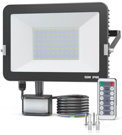 KALAHOL 2024 Newest 50W Security Lights Security Lights Outdoor Motion Sensor with IR Remote Control, 5000LM 6500K Cold White Outdoor Lights IP66 Waterproof LED Floodlights for Garden, Backyard
