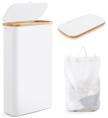 Slim Laundry Hamper with Lid by Fiona's magic, 63L Narrow Laundry Basket with Removable Bag, White Collapsible Dirty Clothes Basket, Thin Tall Storage Basket for Bathroom, Bedroom