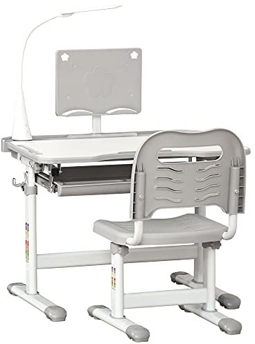 HOMCOM Banchetto Scuola con Sedia per Bambini 6-12 Anni Altezza Regolabile, Lampada LED e Piano Inclinabile a 45°, Acciaio e MDF, Grigio