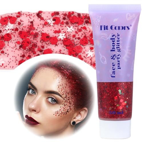 gelpretty Body Glitter Gel, Festival Glitzer Gesicht, 50ml Glitter Liquid Gel, Körperglitzer Festival Zubehör Glitter für Make Up Cosmetic Festival Party, DIY, Nägel, Lippen (Rot)