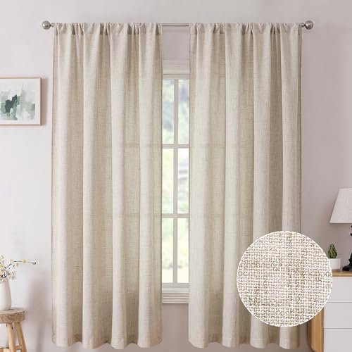 Tollpiz Kurze Leinenvorhänge, Schlafzimmer, Stangentasche, halbtransparenter Vorhang, Jute, lichtfilternd, dicke Leinenvorhänge für Wohnzimmer, 96,5 x 114,3 cm lang, Natur, 2er-Set