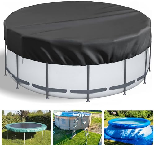 LQCOZYM Cubierta Redonda para Piscinas de 470 cm, Lonas para Iscinas Oxford, Cubierta de Piscina de Verano e Invierno con Cordón y Clavijas para el Suelo, Fácil de Instalar y Estable, Negra (470 CM)