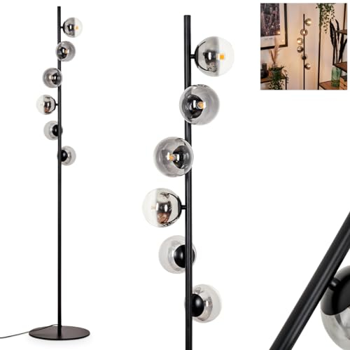 Stehleuchte Remaisnil, Stehlampe aus Metall/Glas in Schwarz/Rauchfarben/Klar, Standlampe im Retro/Vintage-Design mit Schirmen aus Glas (Ø 10 cm) u. Fußsschalter, Höhe 160cm, 6 x G9, ohne Leuchtmittel