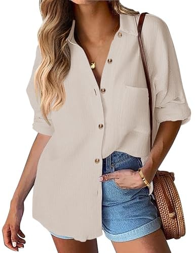 Hotouch Chemise Boutonnée à Manches Longues pour Femme Chemisier en Coton Patte De Boutonnage sur Le Devant Décontracté Beige L